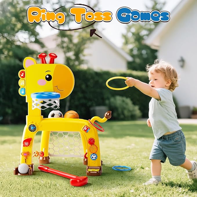 4-in-1 Toddler Basketball Hoop, Soccer Goal, Golf Toy & Ring Toss Game with Lights and Music, Kids Sports Activity Center Gifts for Boys and Girls Ages 1-3