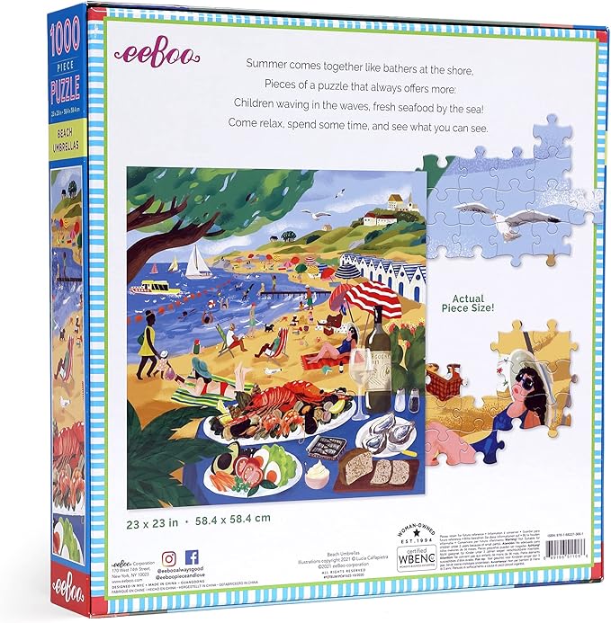 eeBoo 1000 Piece Puzzle - Beach Umbrellas Jigsaw Puzzle for Adults, Square 23" x 23" Made with Recycled Board & Vegetable-Based Ink
