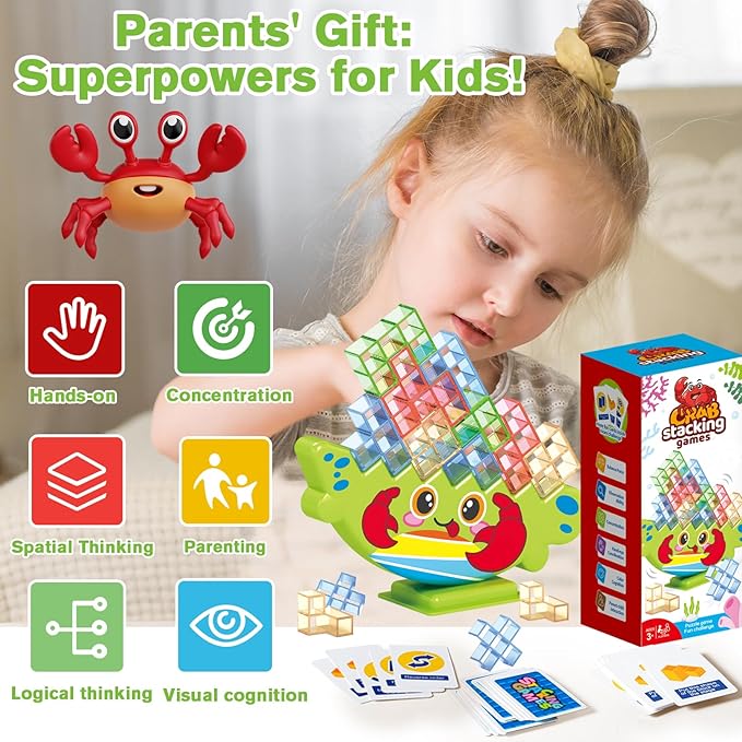 Crab Tower Stack Game – Colorful Building Blocks Game for Kids | Improve Focus & Coordination | Fine Motor Montessori Puzzle for Ages 3+ | Fun Gift in Bright Gift Box