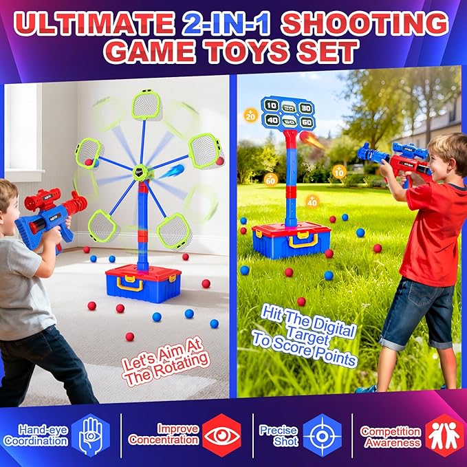 2 IN 1 Shooting Games Toys for Boys 5, 6, 7, 8, 9, 10+ Year Old, Moving Shooting Target and Standing Digital Targets with 2 Toy Guns, 24 Foam Balls, Kids Outdoor Game, Christmas Birthday Gift for Kids