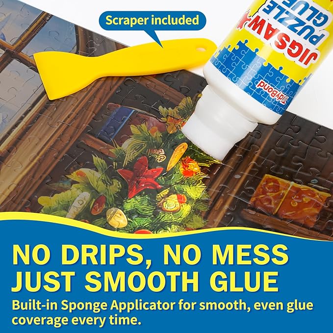 Jigsaw Puzzle Glue with Sponge Tip & Squeegee – Clear, Fast-Drying Puzzle Sealer for 1000/3000/5000 Piece Puzzles – Non-Toxic Adhesive for Paper & Wooden Jigsaw Puzzles – 200ml