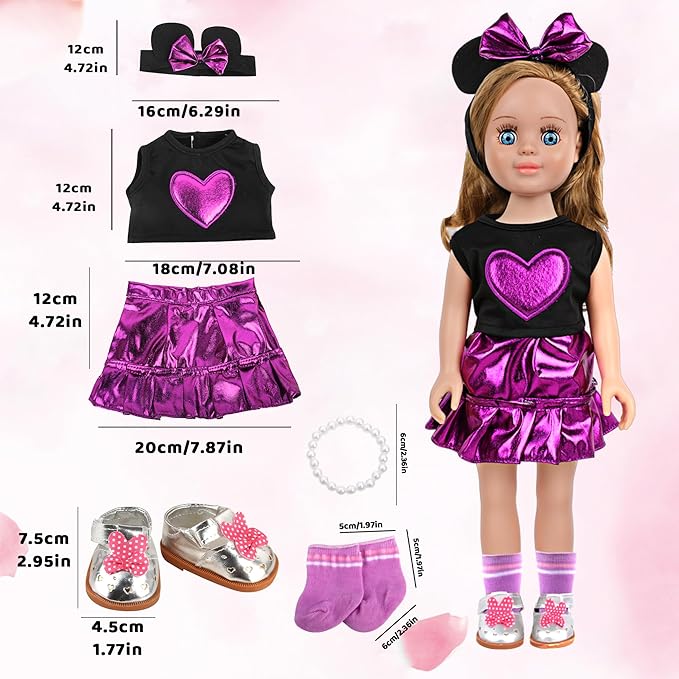 MSYO 18 Inch Doll Clothes & Accessories Set,Black Purple Heart Top & Metallic Purple Skirt Outfit with Mouse Ears Headband,Sunglasses,Socks,Shoes,Bracelet,Fits 16-18 Inch Baby Dolls(Purple)