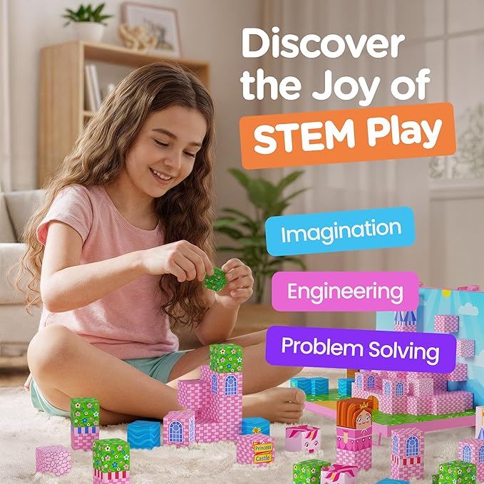 Magnetic Building Blocks for Kids with Magnetic Storage Board — Princess Castle Magnet Cubes Toy Building Set — Gift-Ready 84-Piece Pixy Stacking STEM Building Toys for Boys & Girls Ages 3 to 12