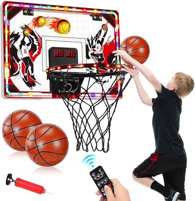 Indoor Basketball Hoop for Kids & Adults, Over The Door Mini Basketball Hoop with Remote Control Scoreboard, 6 LED Light Modes, Foldable Rim Sports Toys for Ages 8-13 Teen Boys Birthday Gifts