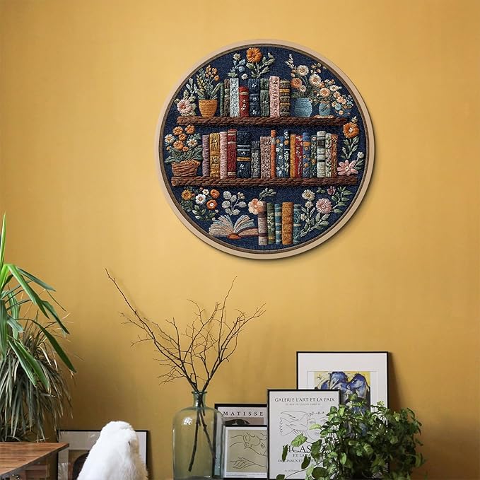 PICKFORU Blooming Bookshelf Puzzles for Adults 1000 Pieces, Round Book Flower Puzzle Library, Wildflower Pages Jigsaw Puzzles, Circle Vintage Floral Plant Embroidery Aesthetic Challenging