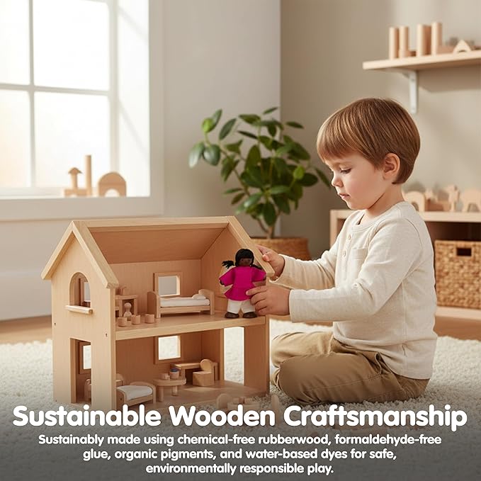 PlanToys® Girl Wooden Dollhouse Figurine | Poseable 1:12 Scale Mini Doll (4 Inch) | Dollhouse Accessories for Pretend Play | Eco-Friendly Montessori Toy for Kids Ages 3+