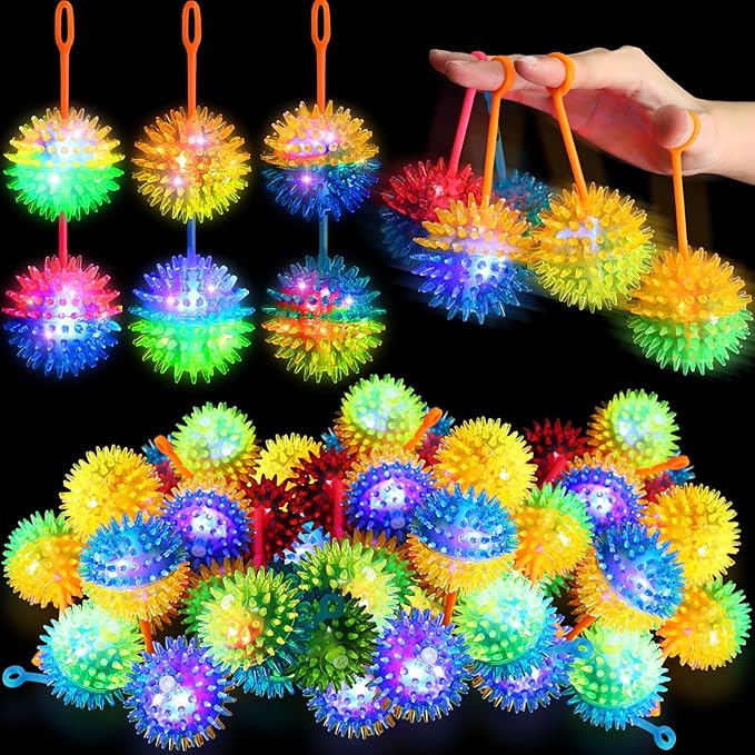 Sotiff 60 Pcs 18 Pcs Light up Ball 2.17'' Spiky LED Ball Bouncy Glow in the Dark Party Favor Stress Relief Flashing Squeaky Rubber Sensory Toy Balls Bulk for Gifts School Rewards (Classic Style)