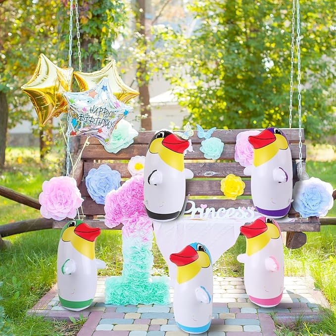 4 Pack 13.8" Inflatable Penguin Punching Bag, Random Color Already Filled Blow Up Bag Birthday Party Supplies