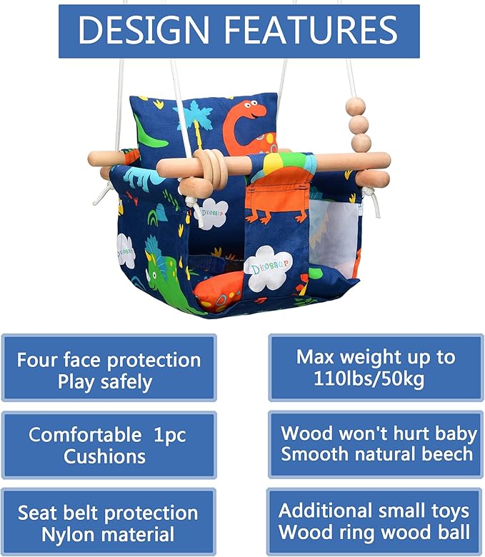 Baby Swing Outdoor for Infants to Toddler Indoor Portable Baby Swings Set with Cotton Cushion Seat Baby Hammock Swing Chair Canvas Fabric Porch Swing Outside Hanging Baby Tree Swing(Dinosaur Print)