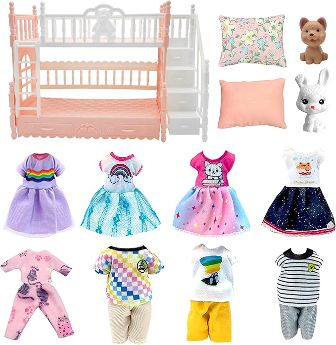 Doll Clothes and Accessories for 5.3 inch Dolls, Clothes Dress Pajamas Random in 6, Mini Supplies, Bunk Bed, Girls Granddaughter Gifts