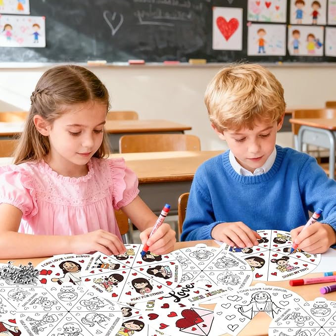 COcnny Valentine’s Day Christian Coloring Craft for Kids - 24 Sets Color Your Own Valentines Religious Art Cards, DIY Sweet Jesus Bible Wheel Paper for Church Sunday School Classroom Class Activities
