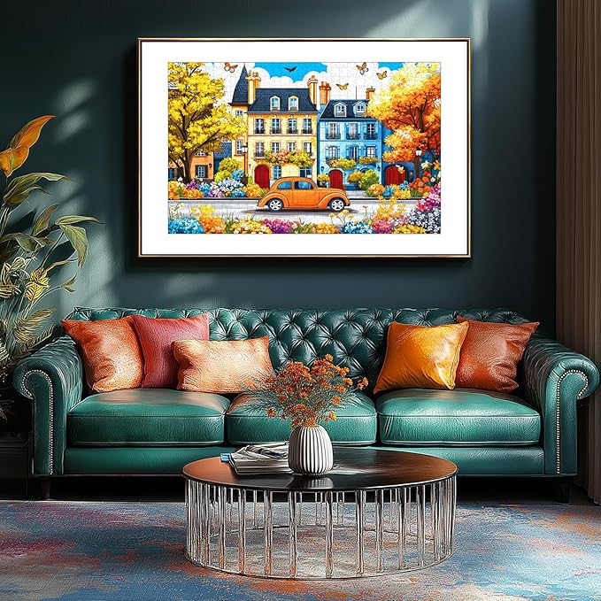 Autumn Town 300 Pieces Puzzle for Adults Colorful Houses Beautiful Fall Scenery Jigsaw Puzzles with Foliage, Butterflies, and Blooms Letters on Back Family Senior Challenge Game Night