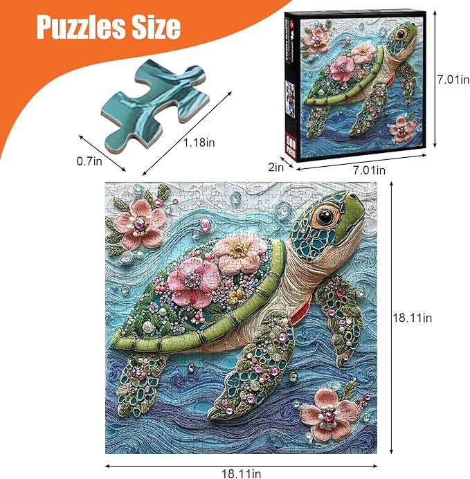 Sea Turtle Puzzles for Adults 500 Pieces, Beautiful Diamonds Flower Sea Animal Jigsaw Puzzle with Letters on Back, Impossible Hard Difficult Art Puzzles, Fun Challenging Embroidery Family Puzzle Game