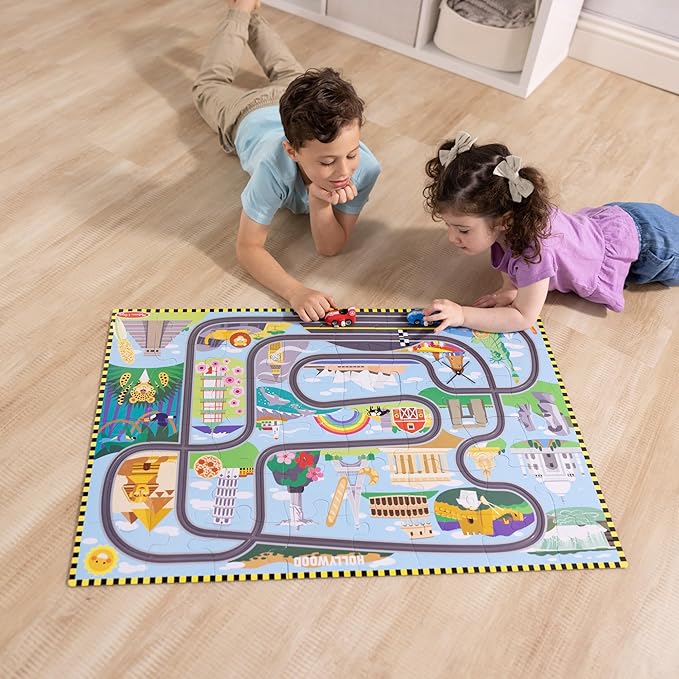 Melissa & Doug Race Around the World Tracks Cardboard Jigsaw Floor Puzzle and Wind-Up Vehicles (48 Pcs) for Preschoolers and Kids Ages 4+