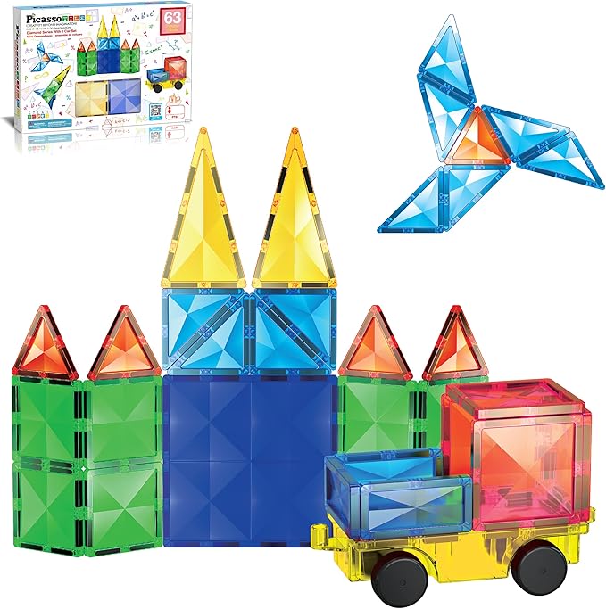 PicassoTiles 63 Piece Magnetic Building Block Construction Toy Set Diamond Magnet Tile Blocks with Car Truck STEM Learning Kit Early Education Builder Playset Toys for Children Toddler Boy Girl Age 3+