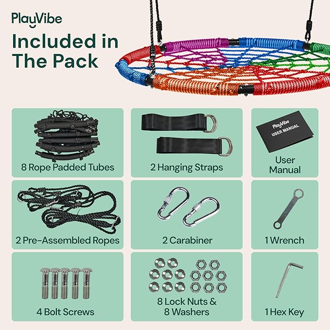 PLAYVIBE Spider Web Tree Swing Gift - 40 in Multicolor Saucer Swing - 440 lb Capacity with Hanging Straps & Carabiners - Weather-Resistant Outdoor Play for Kids & Toddlers Year-Round Family Fun