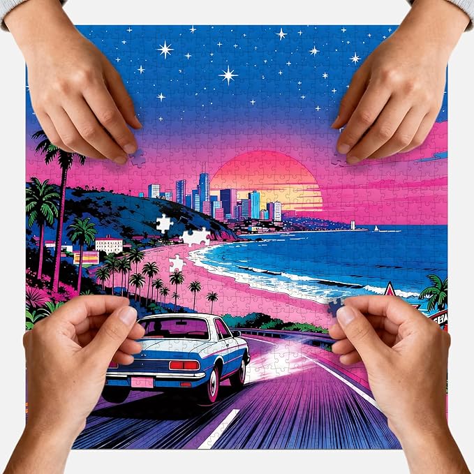 1024 Piece Adult Puzzle, Retro Neon Coastal City Sunset Jigsaw, Puzzles with Letter Markings, HD Poster, Nature Landscape Family Puzzles Wall Decor Gift for Retro Lovers Friends