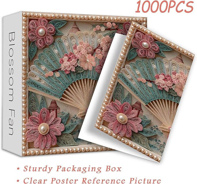 PICKFORU Blossom Fan 1000 Piece Puzzle for Adults, Japanese Cherry Blossoms Jigsaw Puzzle, Vintage Impossible Difficult Flower Pearls Puzzles