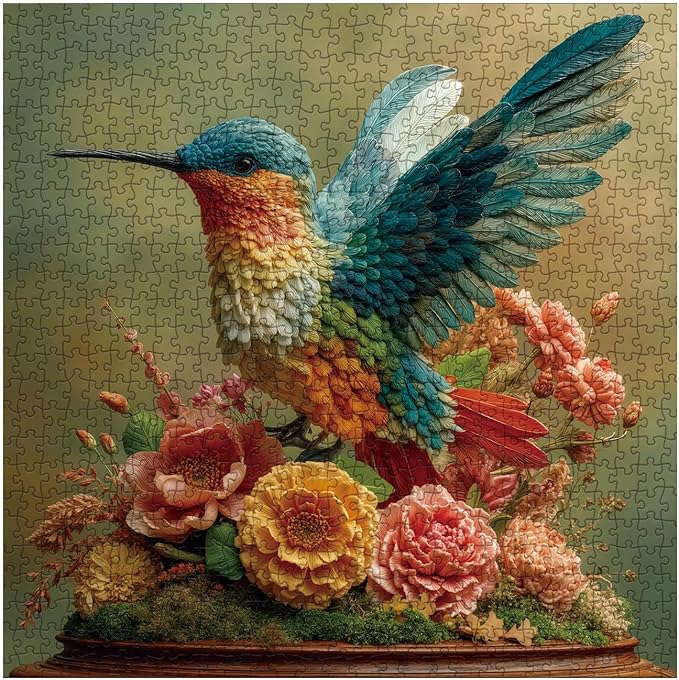 Colorful Hummingbird Flower Puzzles for Adults 1000 Pieces, Aesthetic Bird Wildflower Jigsaw Puzzle, Difficult Animal Art Puzzles