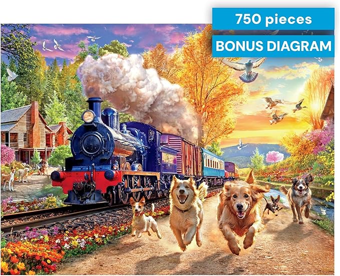 Buffalo Games 750 Piece Jigsaw Puzzle Angelo Bonito Racing The Train, Made in USA, Premium Recycled Board, Full-Color Poster, Giftable Dog Days Art