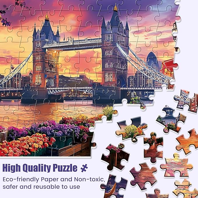 1000 Piece Puzzle for Adults, Tower Bridge of London Puzzles, Street Scenes Jigsaw Puzzles 1000 Pieces, Fun Landscape Puzzle for Adults Kids Seniors,Challenging Family Game Great Gift Idea, 28*20 in