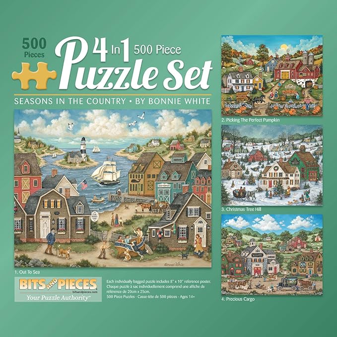 Bits and Pieces – 4-in-1 Jigsaw Puzzle Multi-Pack for Adults – Seasons in The Country Collection by Bonnie White – Unique Random Die-Cut Pieces (Four 500 Piece Puzzles 16" x 20")