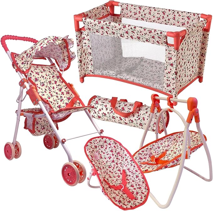 Deluxe Baby Doll Stroller and Crib Furniture Playset, Multi Baby Doll Accessories Set for 18" Dolls, Includes Doll Stroller Swing and Doll Bed Pretend Play for All Dolls - Floral