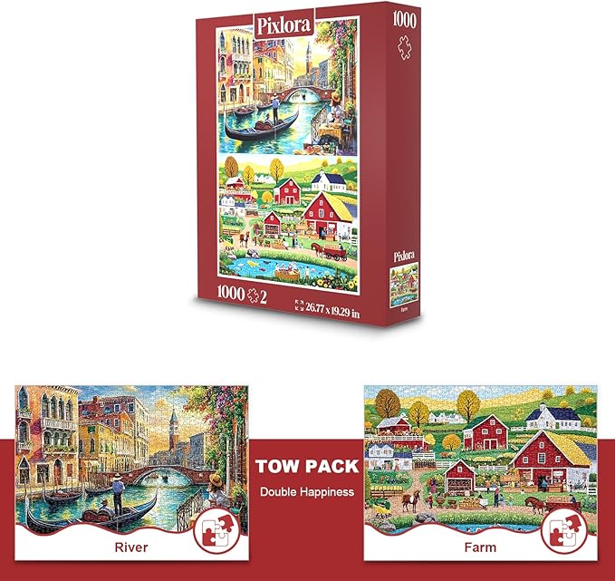 1000 Piece Puzzle for Adults, 2 Pack River and Farm Landscape Puzzles, City and Countryside Theme, Challenging Jigsaw Puzzles for Family Game Night, Ideal for Decor