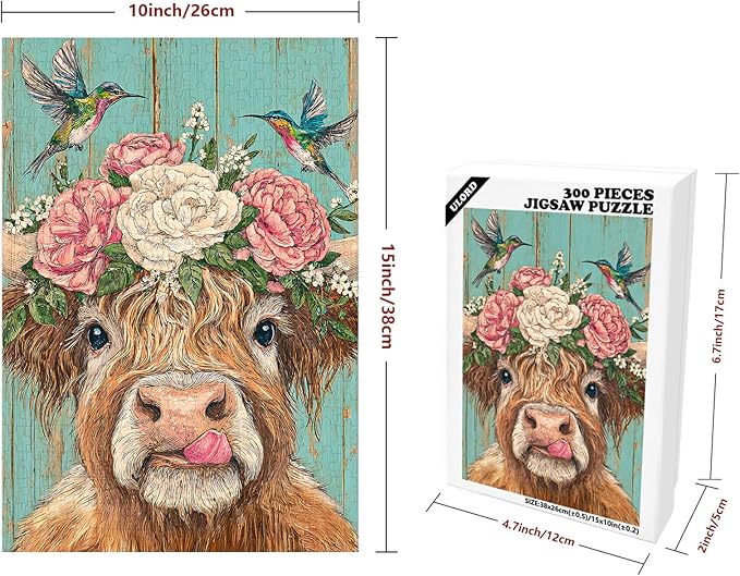 Great Jigsaw Puzzles for Adults 300 Pieces Rustic Highland Cow with Hummingbirds and Blossoms Puzzles for Adults Toys Gift Family Decoration Kids Puzzle