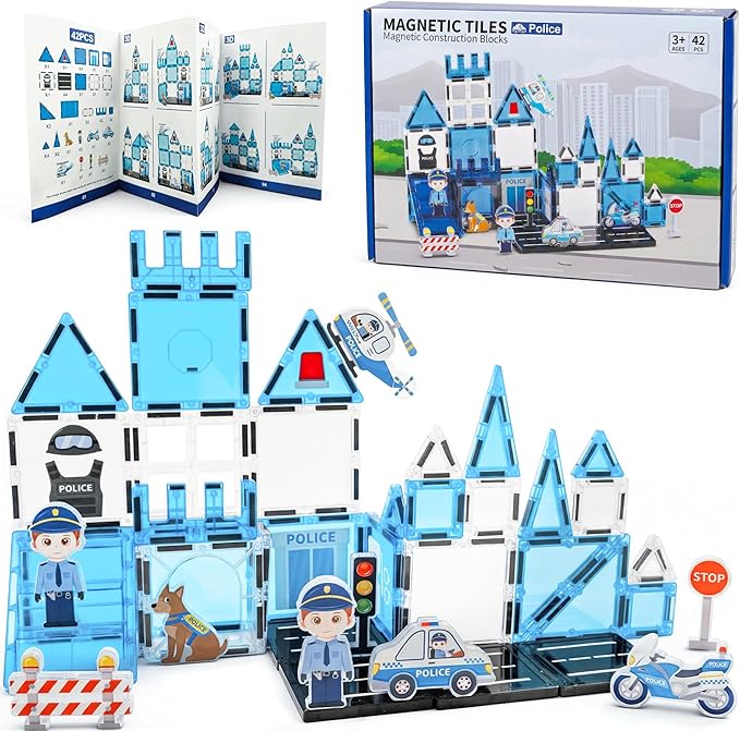 Magnetic Tiles for Kids Ages 3+, Police Magnetic Tiles Building Blocks with City Scene Pieces, Police Officer Elements & Accessories, STEM Toys for Toddlers, Ideal Gift for Boys and Girls