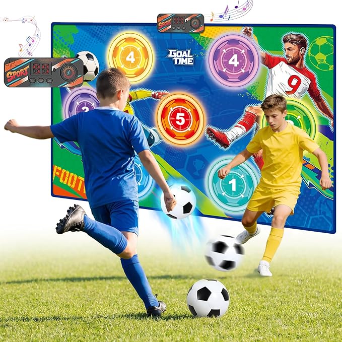 Electronic Scoring Soccer Toy Game Mat Set for Kids, Indoor Outdoor Toss Soccer Target Game with Real-Time Score, 2 Soft Soccer & Goal, Birthday Gifts for 3-5/6-8/8-12 Years Old Boys Girls