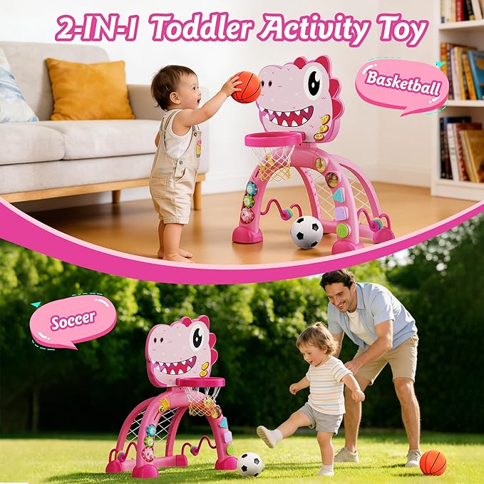 Dinosaur Toddler Basketball Hoop & Soccer Goal Montessori Toys with Sound and Music for Baby 12-18 Months,Twinkoo Christmas Birthday Gift Toys for 1 Year Old Boy and Girl(Pink)