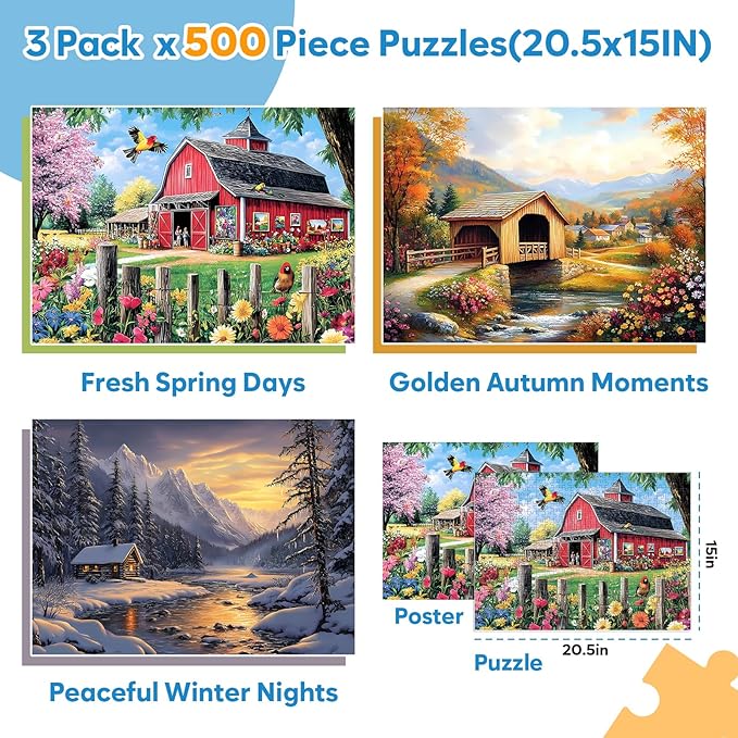 3 Pack 500 Pieces Jigsaw Puzzles for Adults, Beautiful Spring Fall Winter Puzzle for Teens Elderly, Recycled Paper Puzzle 500 Pieces, Glossy, Sturdy Pieces Challenging Family Game Gift 20.5x15in