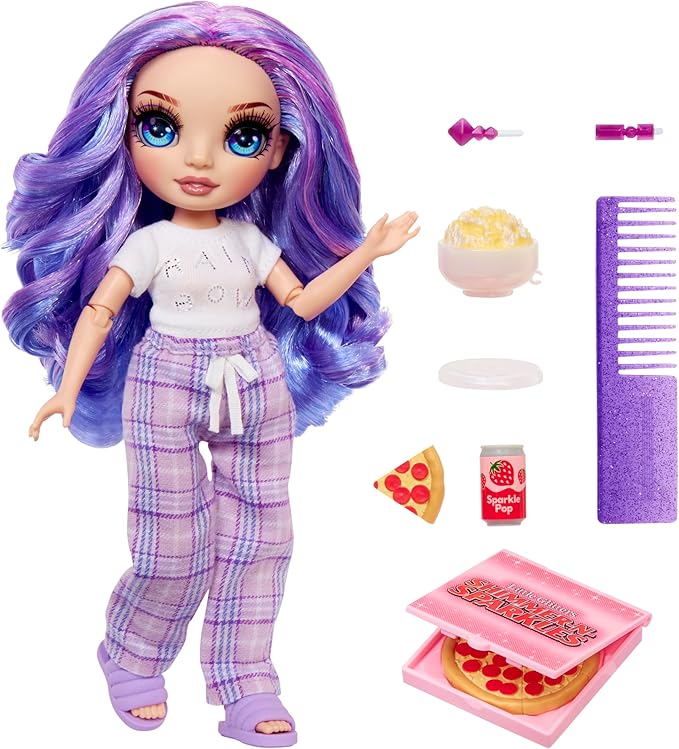 Rainbow High Jr High PJ Party - Violet, Purple 9" Posable Fashion Doll with Soft Onesie, Slippers, Fun Play Accessories, Great Toy Gift for Girls Kids Ages 4-12 Years