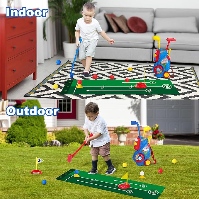 Toddler Golf Set for Boys Girls 1 2 3 4 Years Old, Kids Golf Clubs Set with Cart & Putting Mat, Outdoor Indoor Sports Toys Birthday Gift, Blue