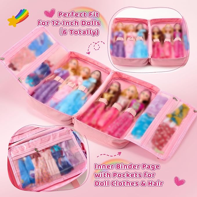 Carrying Case Compatible with Barbie Dolls 12-Inch, Storage Organizer Holder with Handle for up to 6 Dolls, Multiple Pockets for Clothes & Accessories,Travel Portable Storage Bag,Pink