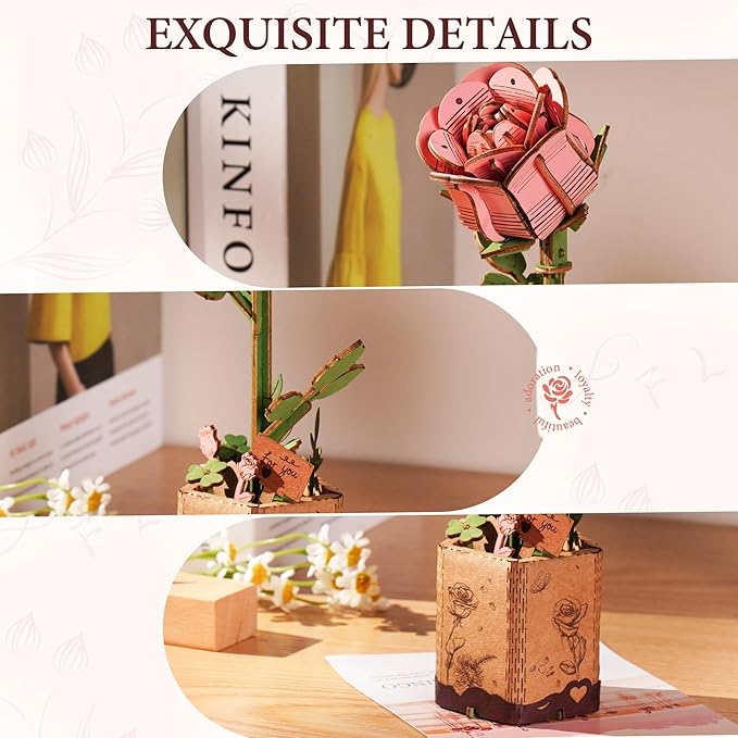 ROBOTIME 3D Wooden Flower, Pink Rose TW041 DIY Craft Kit for Adults, Artificial Floral Decor for Table, Centerpiece, Gift for Women