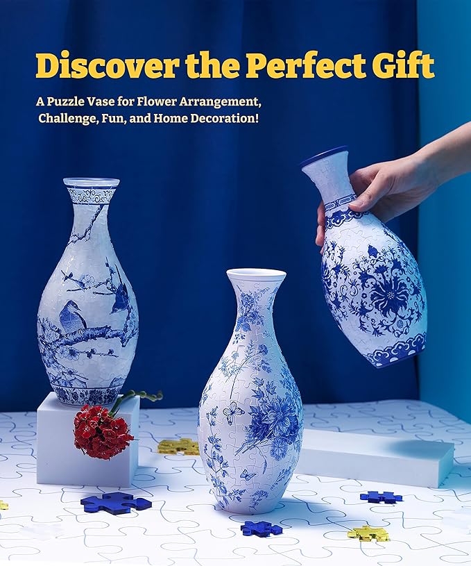 Pintoo 3D Puzzle Vase Unique Flower Vase Made by 160 Curved Plastic Puzzle Pieces House Warming Gift for Flower Arrangements and Home Decoration, for Mom [S1032] (Classic, Indigo Age)