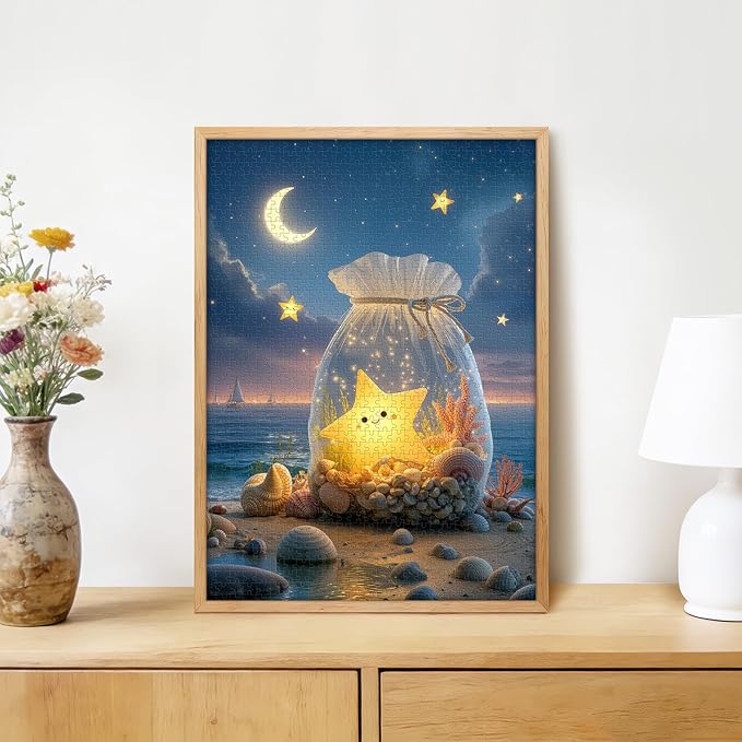 Glowing Starfish Beach 1000 Piece Puzzle for Adults - Cute Star in Bag & Night Ocean Art, Poster & Lettered Back, 20"x28" HD, Gift for Kids & Fantasy Lovers