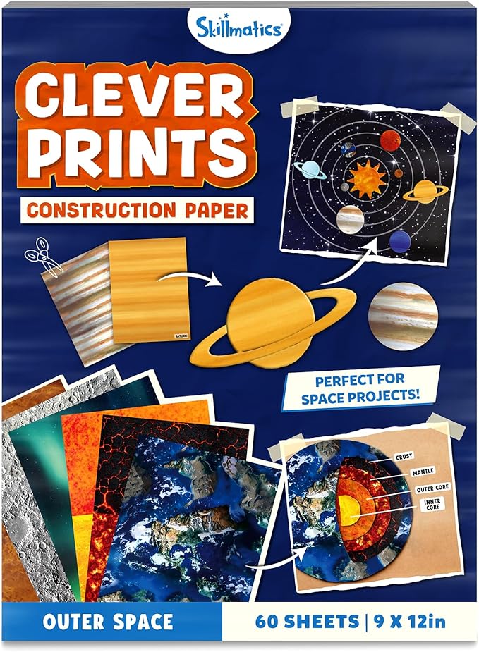 Skillmatics Space Construction Paper for Kids - 60 Double-Sided Printed Sheets (9x12), Patterned Craft Paper for Art Projects, STEM Activities, DIY Crafts, Scrapbooking & School Supplies