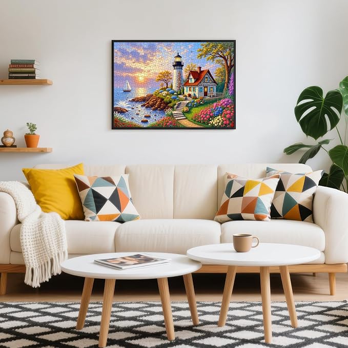 500 Piece Puzzles for Adults, Coastal Lighthouse & Cottage Jigsaw Puzzle with Letters on Back, Seaside Landscape for Game Nights & Home Decor, 20×15 Inch Cardboard