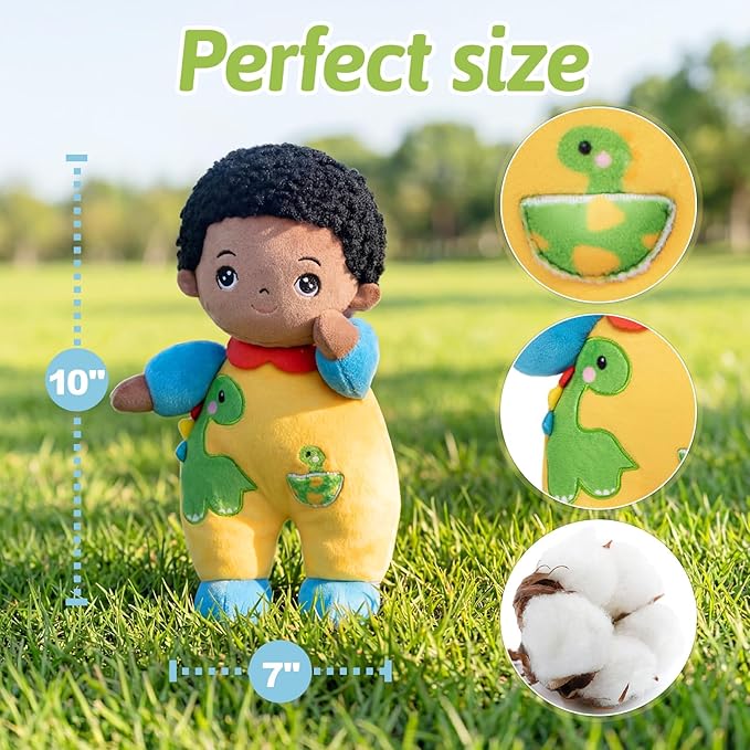 OUOZZZ Black Boy Baby Doll 10" - First Birthday Toys for 1 Year Old Boy, Ideal 1 Year Old Boy Gifts & Baby Boy Gifts, Snuggle Buddy for Infants Dinosaur Toy
