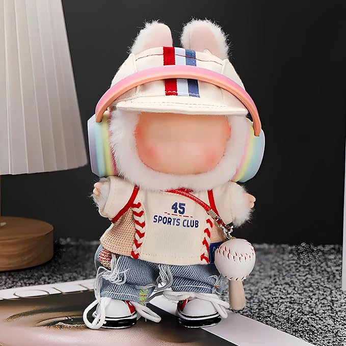 6 Set 17cm Doll Clothes, Clothes for Dolls Outfit, Accessories for 17cm Dolls Clothes Clothes Cap+Jersey+Jeans+Headphones+Sneakers+Bat & Ball, No Doll Included (Baseball Style)