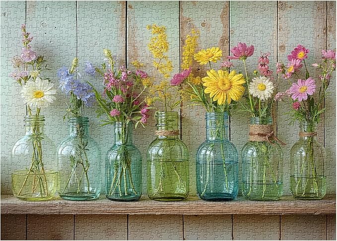 Wildflower 1000 Piece Puzzle for Adults, PICKFORU Whispering Blooms Summer Flower Garden Jigsaw Puzzle, Challenging Retro Vibrant Sunflower Vase Theme as Home Decor