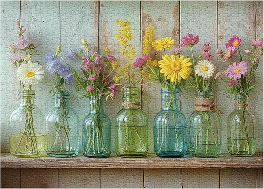 Wildflower 1000 Piece Puzzle for Adults, PICKFORU Whispering Blooms Summer Flower Garden Jigsaw Puzzle, Challenging Retro Vibrant Sunflower Vase Theme as Home Decor