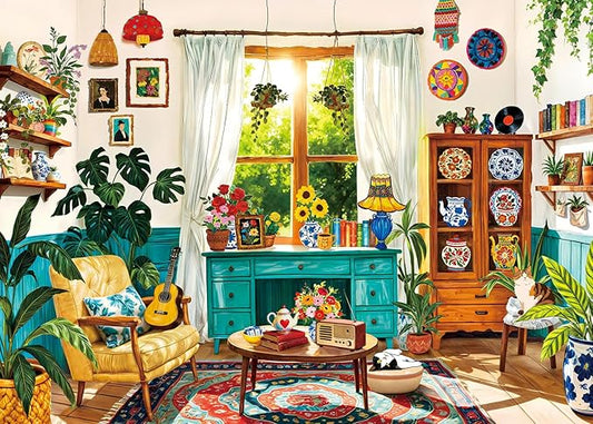 1000 Piece Puzzles for Adults - Cozy Boho Living Room Scene - Jigsaw Puzzles for Adults 1000 Piece Challenging Paper Puzzle for Relaxation, Home Decor Plant Lover Gifts (27.5" x 19.7")