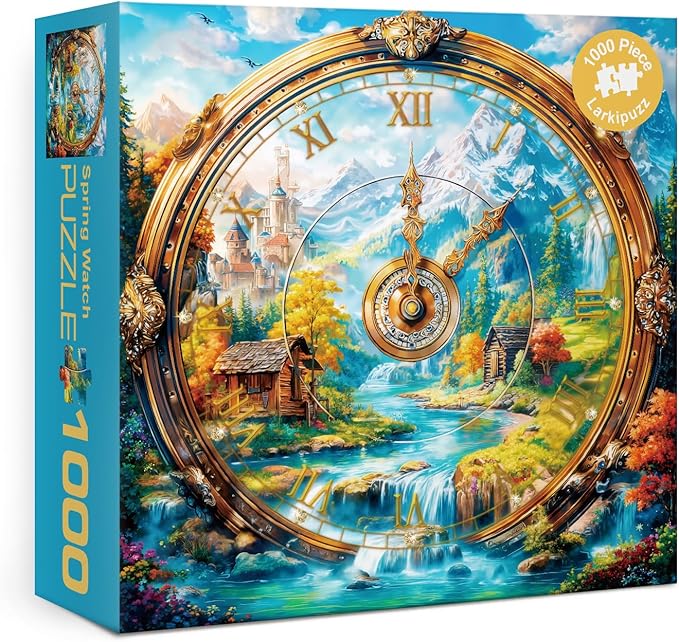 Landscape Clock Puzzles for Adults 1000 Pieces, Art Nature Mountain Flower Plant Jigsaw Puzzles, Challenging Colorful Scenic River Cabin Watch Spring Puzzle