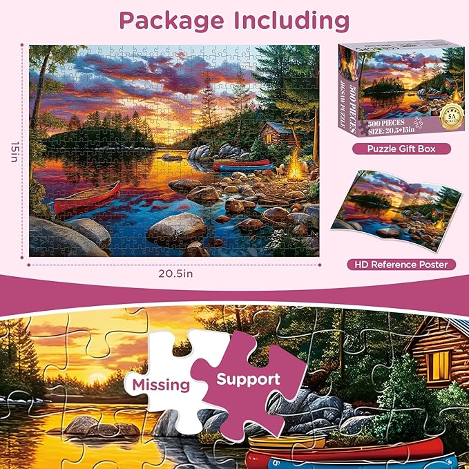 500 Pieces Puzzle for Adults, Sunset Lake Cabin Puzzle, Nature Landscape Boat Jigsaw Puzzles 500 Piece for Teens Adults Seniors, Fun Challenging Family Game Birthday Party Gift 20.5 * 15in