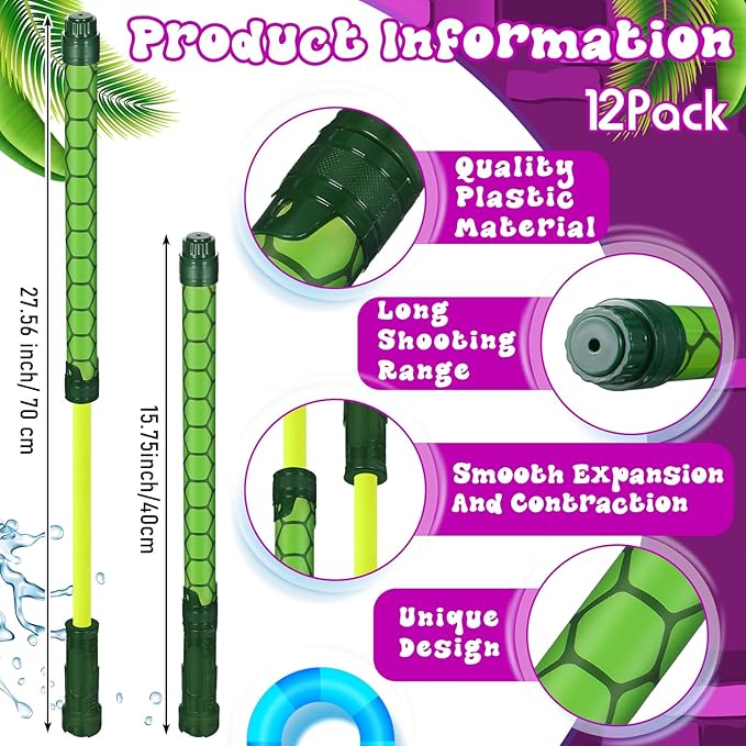 12 Pcs Green Turtle Shell Pattern Water Gun Party Favors Summer Activity 15.75 in Water Gun Blasters Toys for Kids Outdoor Swimming Pool Backyard Beach Games