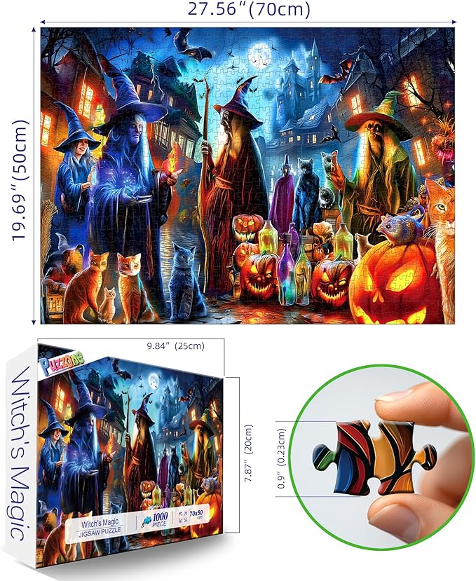 1000 Piece Puzzle for Adults, Halloween Witch Horror Haunted House Ghost Jigsaw Puzzles Witch's Magic with Cats Pumpkin for Halloween Decor & Holiday Party Gifts